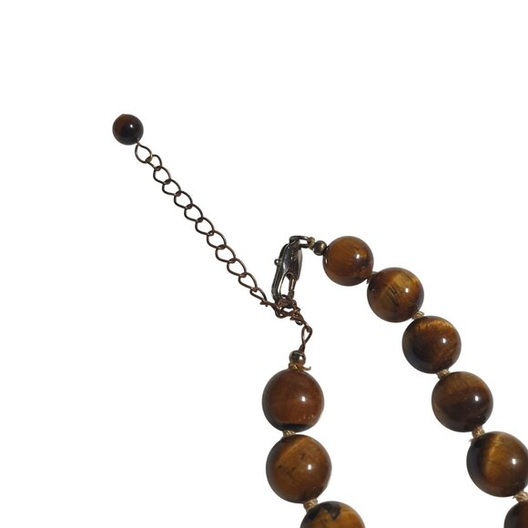 Tiger Eye Beaded Necklace Gold Clasp Rhinestone Accent Adjustable Chain Handmade - Picture 4 of 4